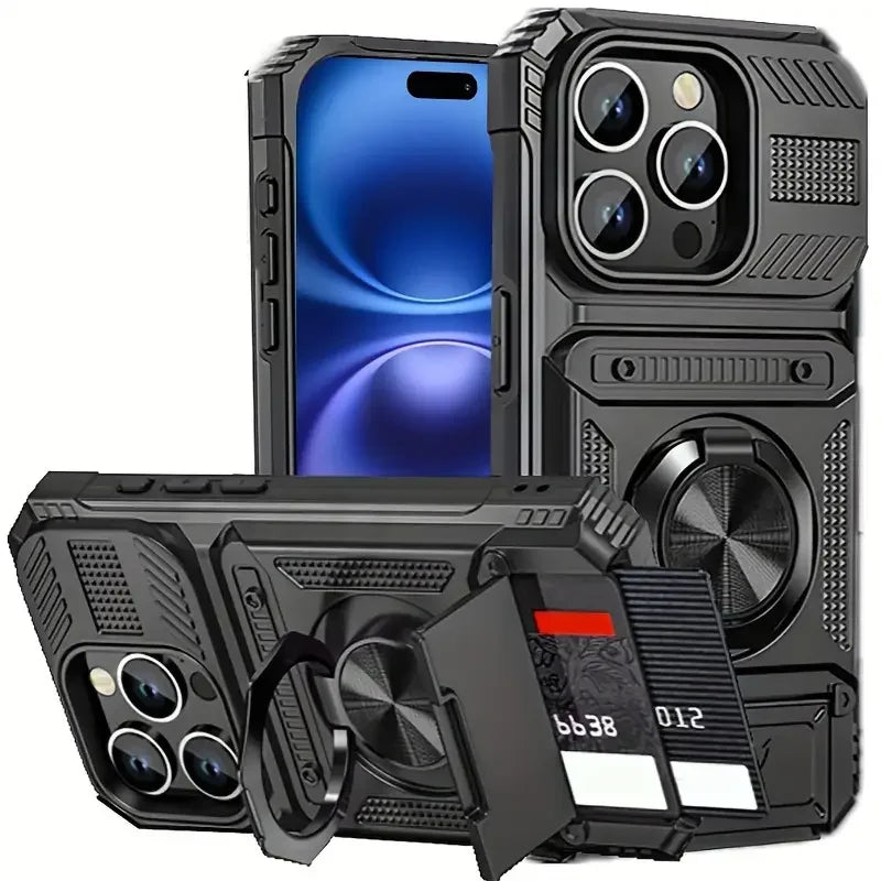 Heavy Duty Case For iPhone 17 16 15 14 13 Pro Max 11 Magnetic Rotated Ring Kickstand Protection Hidden Card Slots Wallet Cover