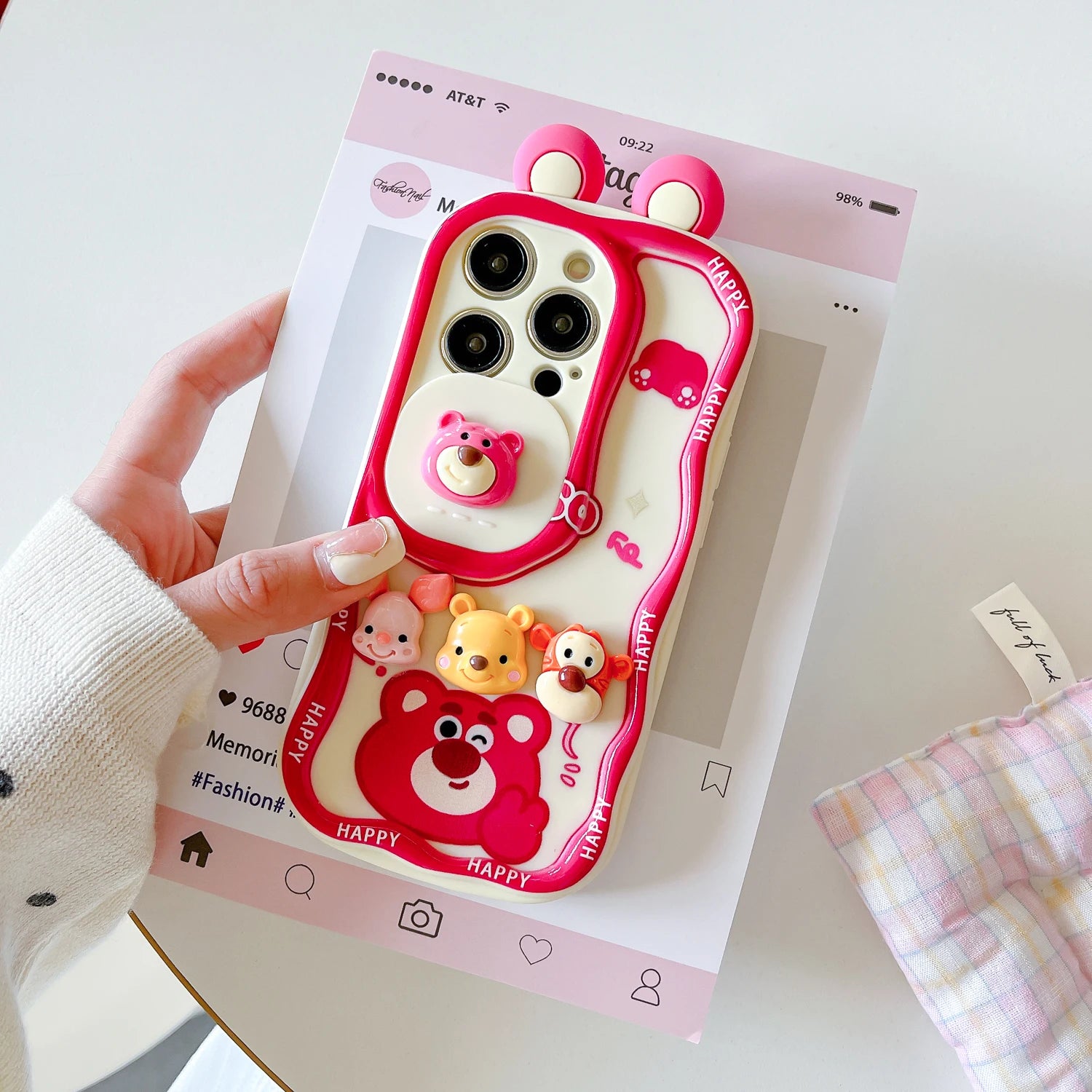 For iPhone 17 17Pro 16 15 14 13 12 Pro Max Plus cute cartoon Winnie the Pooh strawberry bear with wristband protective cover