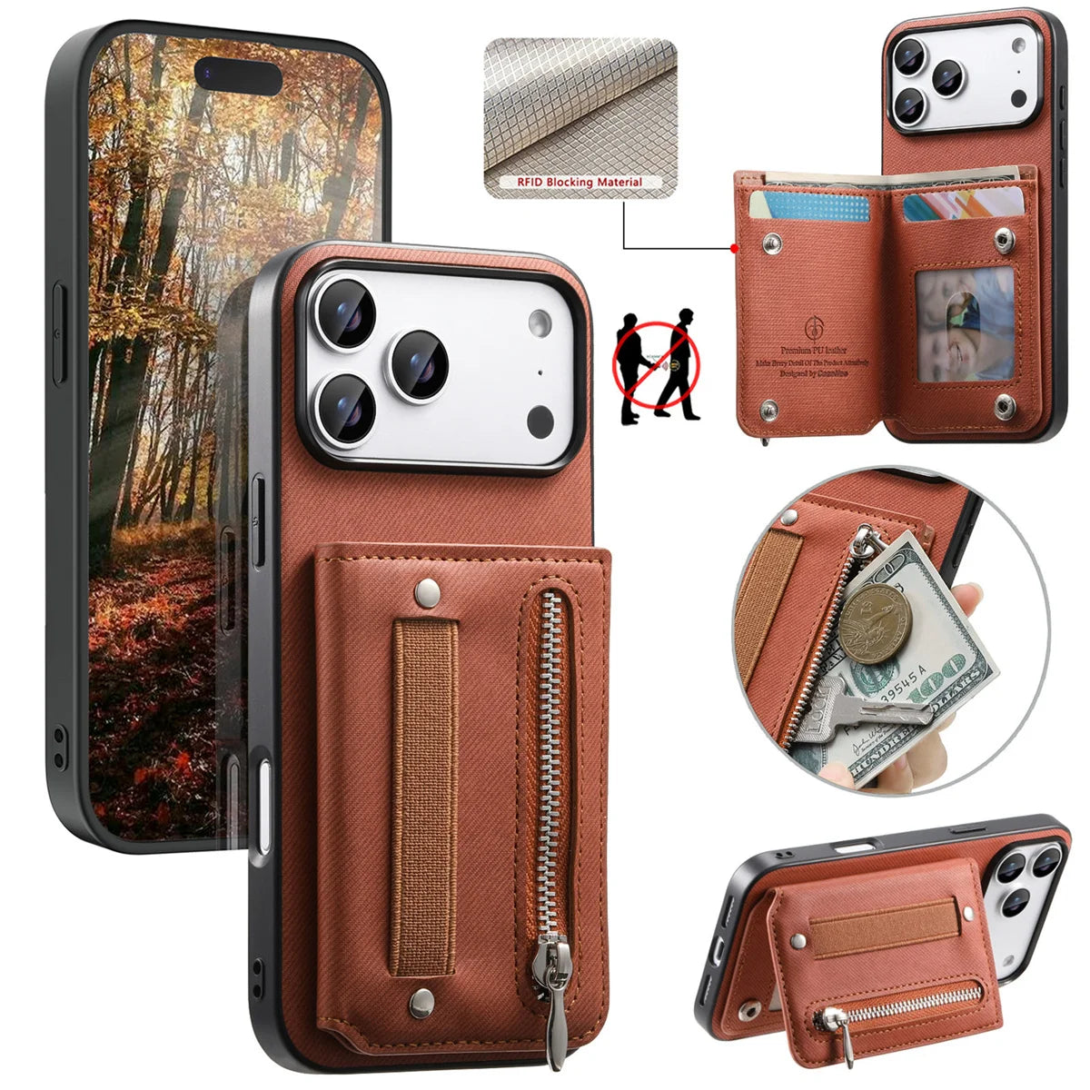 Wrist Strap Flip RFID Wallet with Card Holder Phone Case for IPhone Air 17 16E 16 Plus 15 14 13 12 11 Pro Max Leather Cover