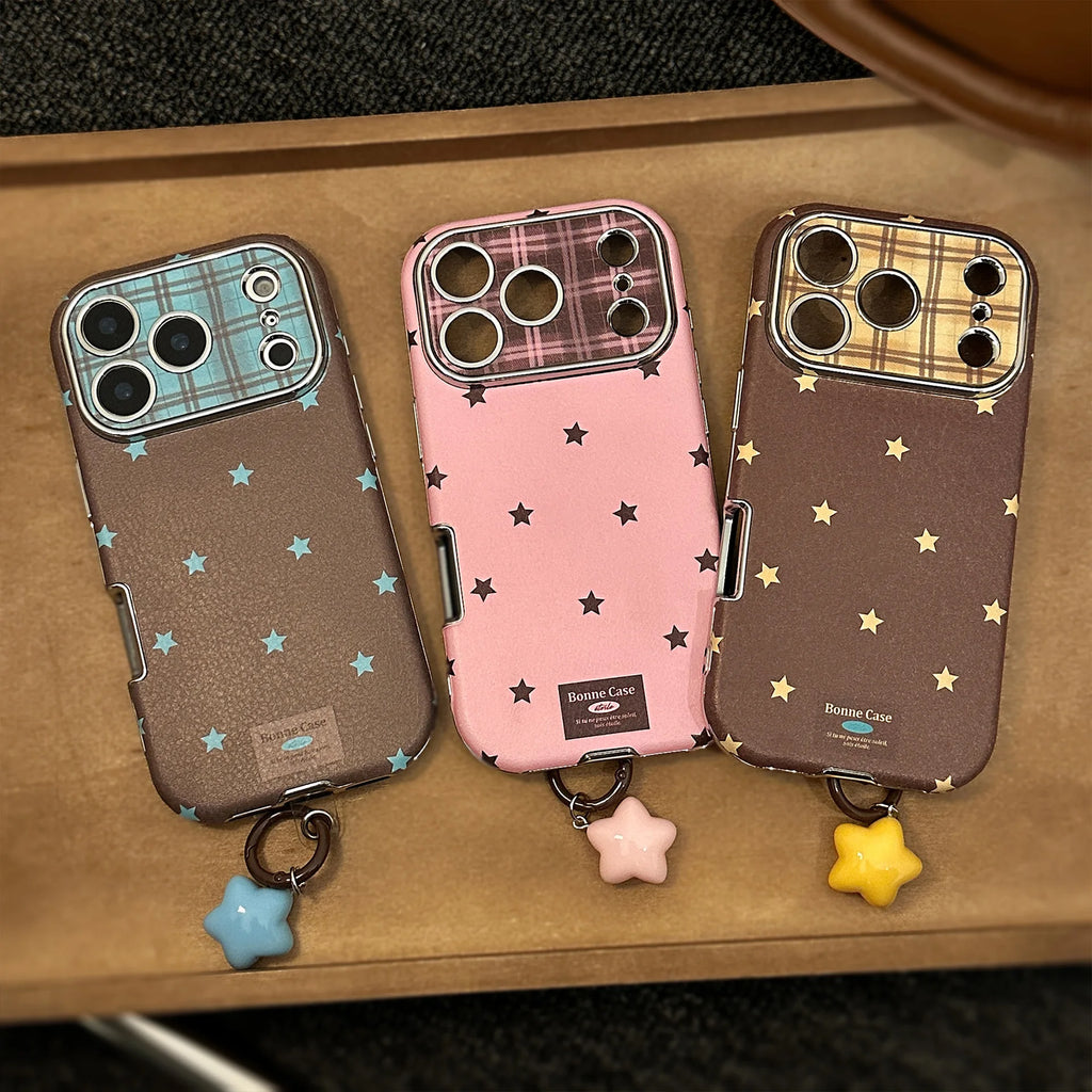 Korean Retro Stars Plating Leather Texture Phone Case For iPhone 17 16 15 Plus 14 13 12 11 Pro Max With Pendant Shockproof Cover