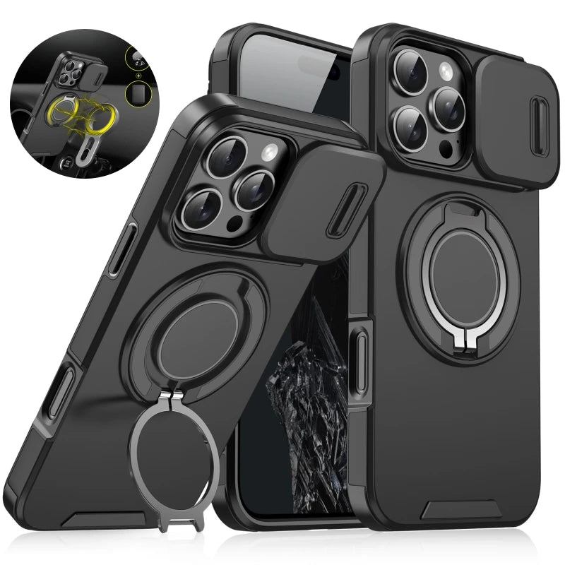 For Magsafe Magnetic Armor Case For iPhone 17 16 15 14 13 12 11 Pro Max Plus Air 17e 16e Ring Holder Slide Camera Protect Cover