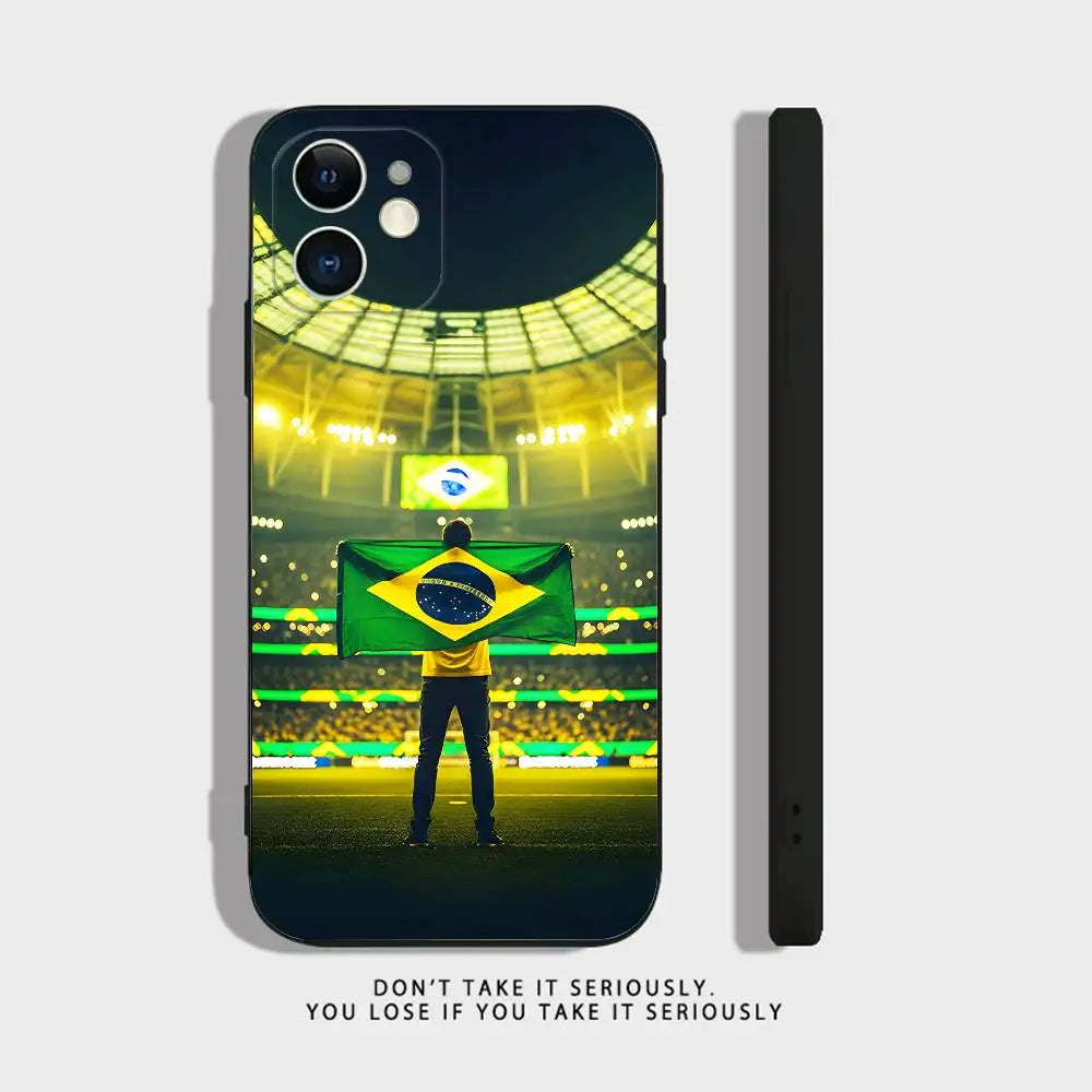 Brazil Flag Brazilian Football Clear Silicone Case for iPhone 17,16,15,14,13,12,11,Pro,Max,Mini,XS,X,Plus Shockproof Black Cover