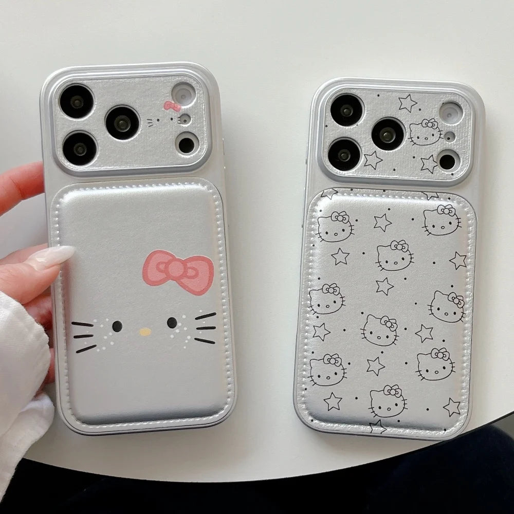 Luxury Cute Silver KT Cat Leather Case Phone Case For iPhone 17 Pro Max 16 Pro 15 14 Pro Max Case Shockproof Protective Cover