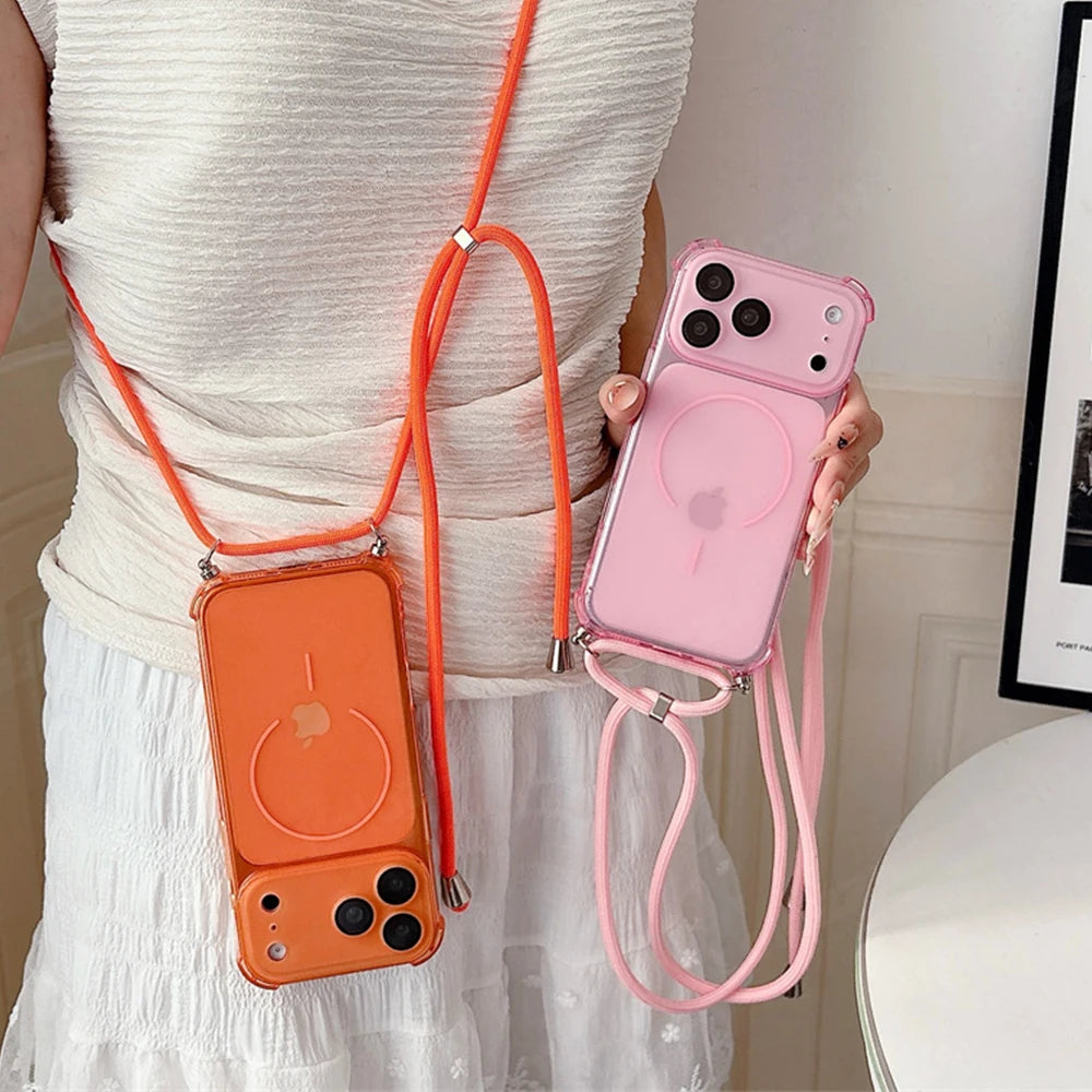 Luxury Lanyard For Magsafe Soft Armor Phone Case For iPhone 17 16 Pro Max 14 15 Plus 13 12 11 Wireless Charge Translucent Cover