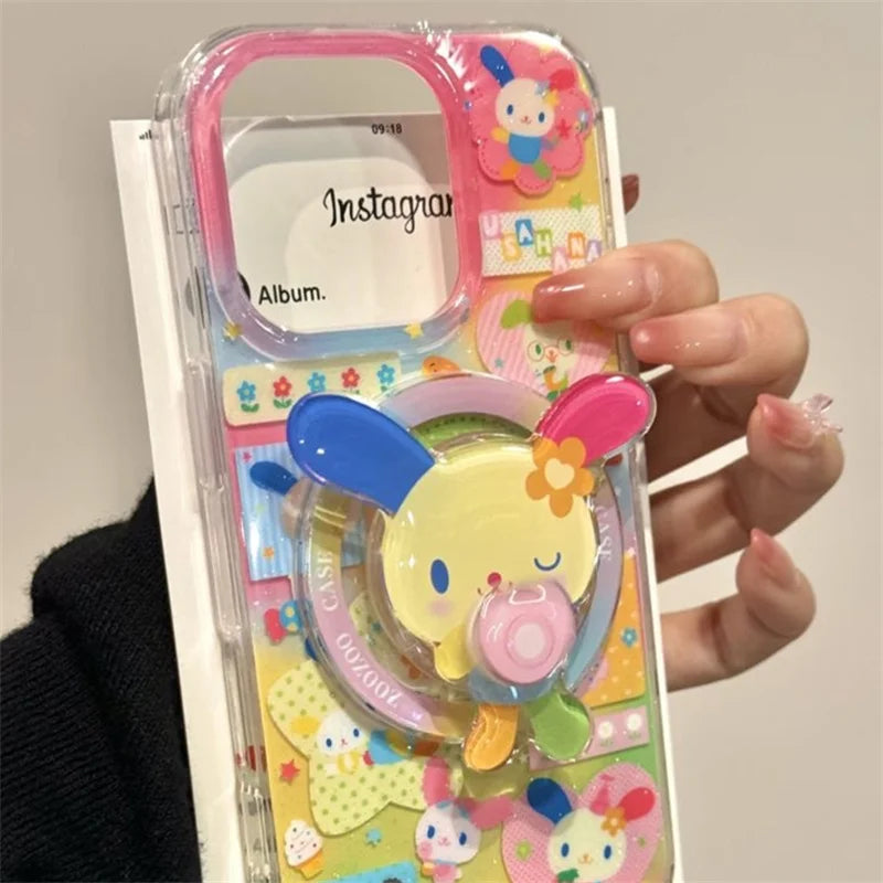 Magnetic color splicing color ear rabbit phone case with rotating magnetic bracket for iPhone 11 12 13 14 15 16 17 pro max