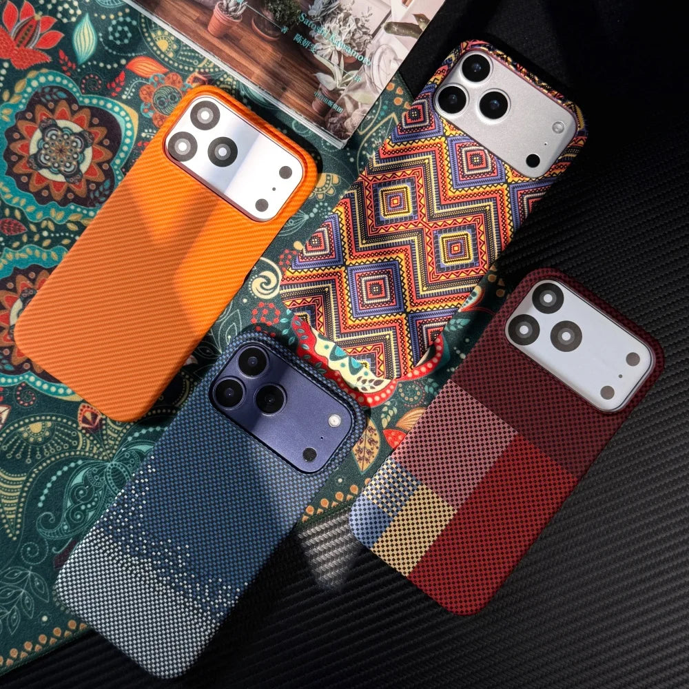 Luxury Kevlar Carbon Fiber Texture Phone Case for iPhone 13 14 15 16 17 Pro Max Plus For Magsafe Magnetic Hard PC Bumper Cover