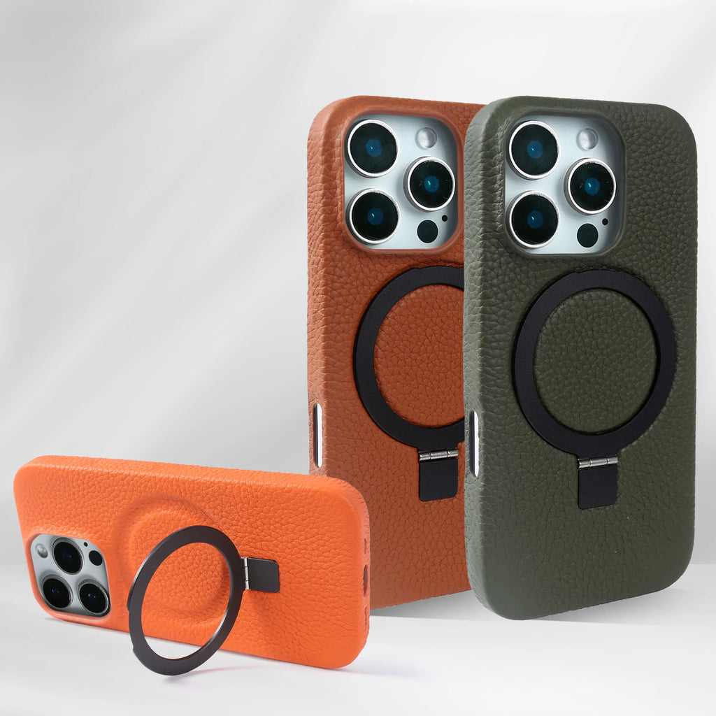 Magnetic Bracket Ring Lychee Genuine Leather Case For iphone 16 17 Pro Max 16e Air 14 15 Plus 7 8 12 13 Mini XS Phone Back Cover