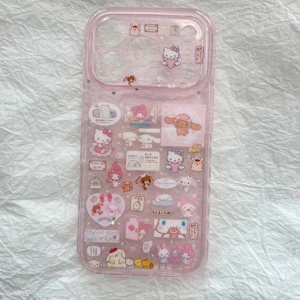 Cute Transparent Pink KT Stickers Phone Case For iPhone 17 Pro Max 14 Pro 15 Pro Max 16 Pro Max With Bracelet Shockproof Cover