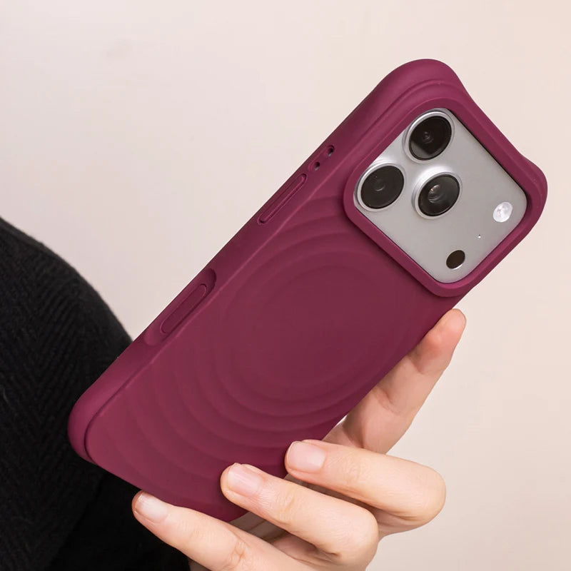 Magnetic 3D Water Ripple Liquid Silicone Protective Case For iPhone 17 17Pro Max 16 15 Solid Color Flocking lining Matte Cover