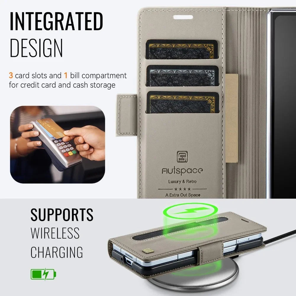 Flip Wallet with Pen Holder Leather Phone Case For Samsung Galaxy Z Fold 7 6 5 Fold6 Fold5 RFID Blocking Crad Slot Holder Cover