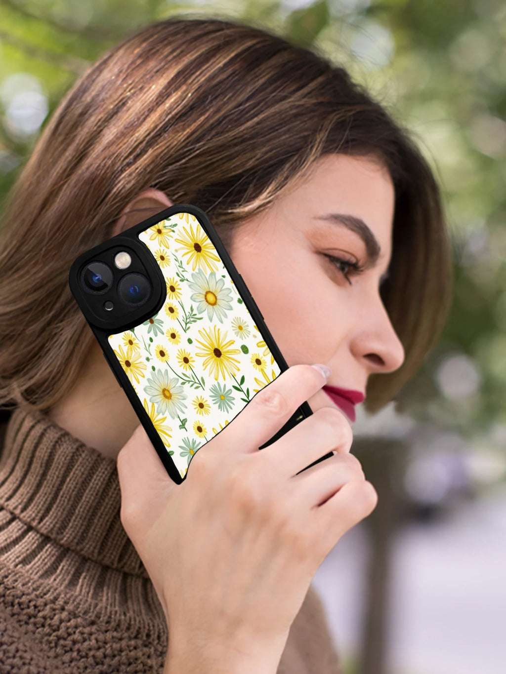 Floral Phone Case Black Yellow And White Daisy Pattern For Iphone X To Iphone 16 Pro Max Outdoor And Daily Use