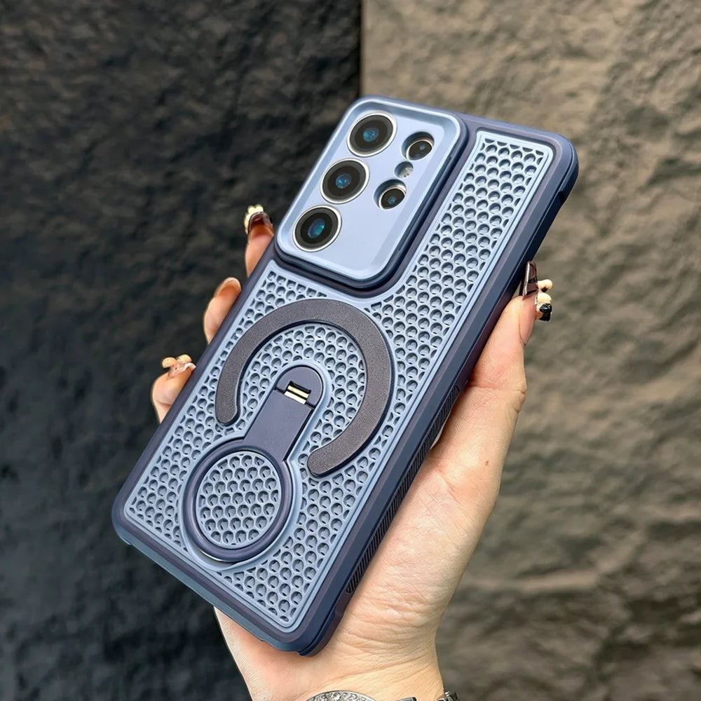 Summer Heat Dissipate 360°Rotatable Bracket Case for Samsung Galaxy S26 S25 Ultra Plus S24 S23 Hollow Cooling Anti-slip Cover