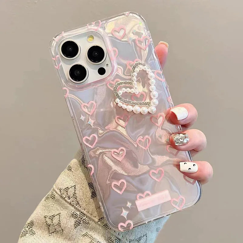 Trendy Pearl Love Heart Case For OPPO Reno 12 FS 12F 13F 13 10 11 Pro 11F 7 4G 6 5 Lite Find X3 Lite Star Chain Girl Phone Cover