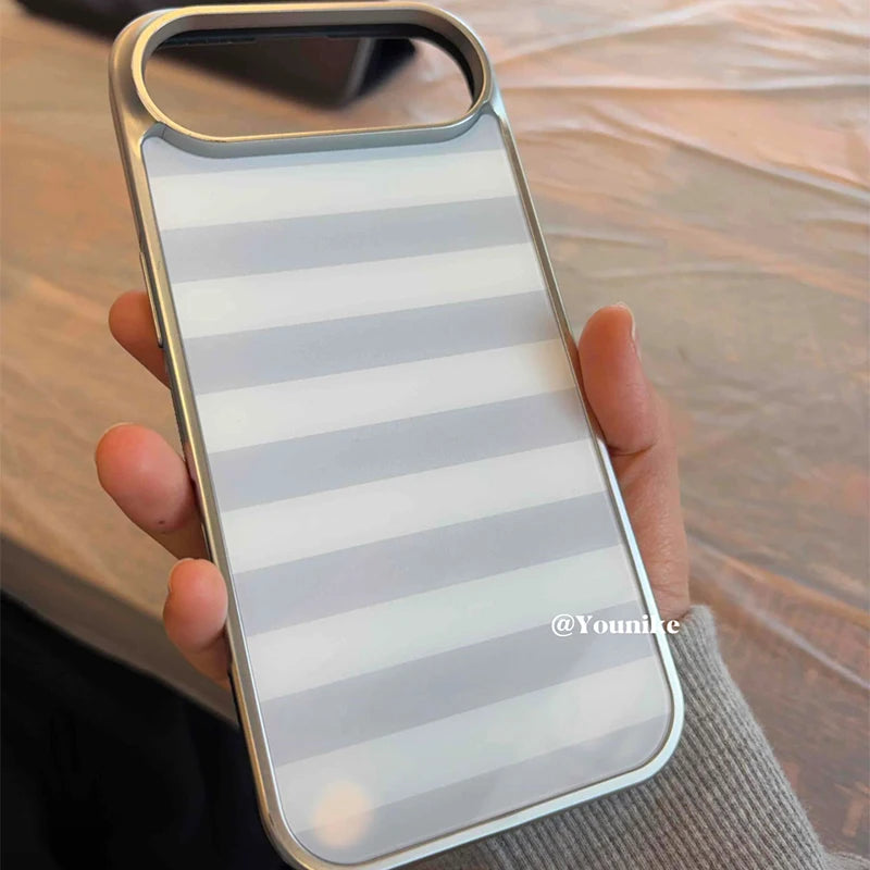 Korean Ins Gray and White Stripes Electroplated Drip Glue Phone Case For iPhone 17 Air 16 Pro Max 15 14 Plus 13 12 11 Back Cover
