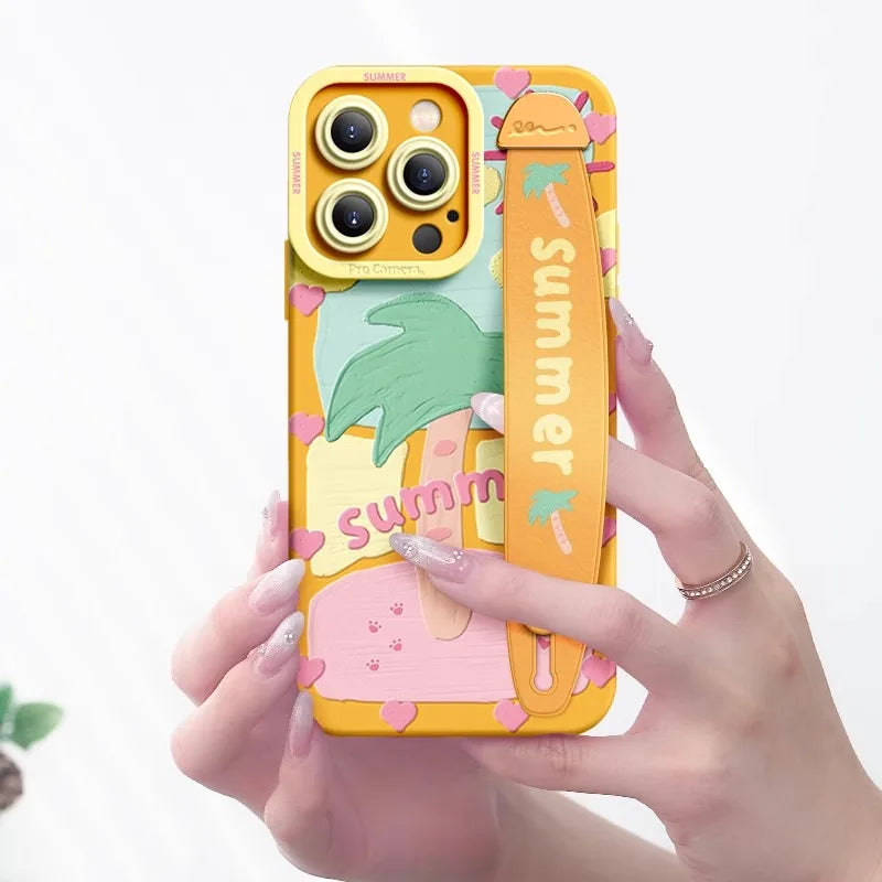 Deluxe Wrist Band Bracket Case Applicable Iphone 1514 13 12 11 ProMax X XR Xs Silicone Cell Phone Protective Cover Coconut Trees