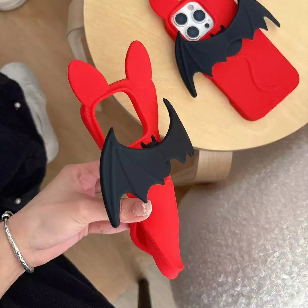 Cute 3D Cartoon Red Bat Case For iPhone 17 16 15 14 13 12 Pro Max 17ProMax With Wing Stand Holder Anti Fall Silicone Cover