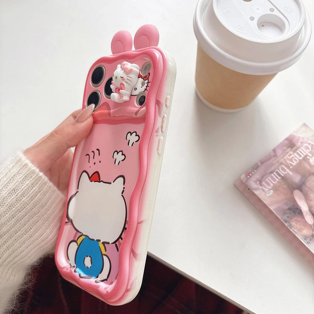 For iPhone 17 16Pro Max 16E 14 Plus 15 Pro 13 Mini 12 11 SE XR 7 8 Cute 3D Ear Toy Kitty Friend Cartoon Soft Wave Phone Case
