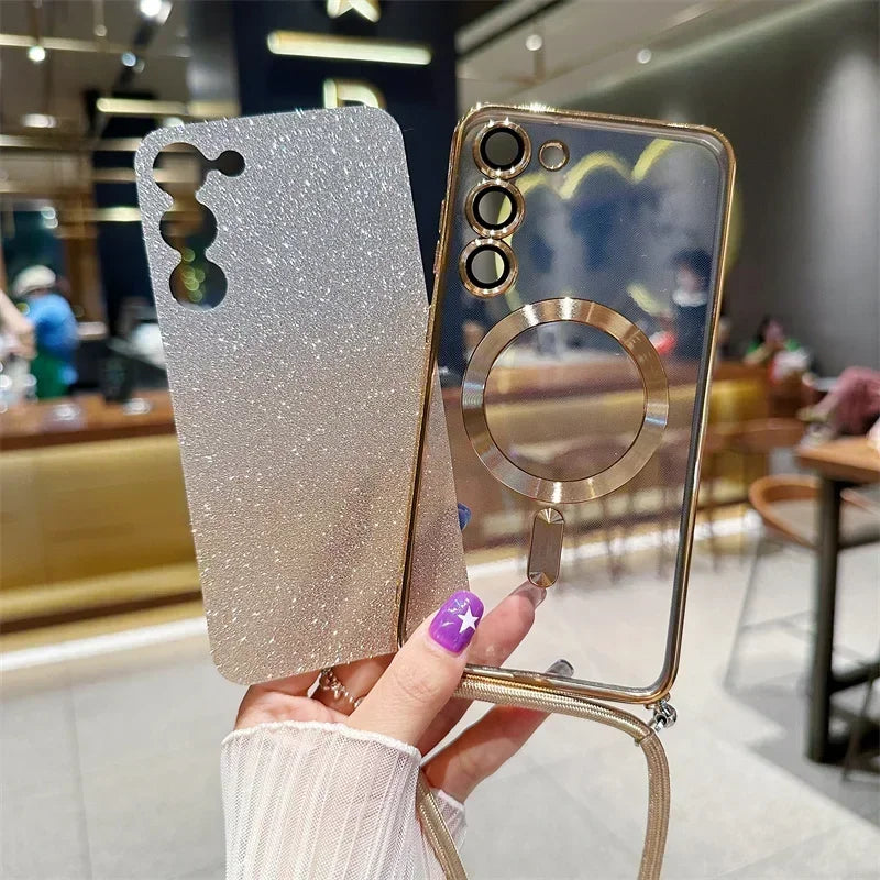 Crossbody Lanyard Glitter Case For Samsung Galaxy S26 S25 Edge S24 S23 S21 FE S22 Ultra Plus For Magsafe Magnetic Soft TPU Cover
