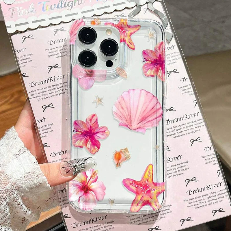 Pink Tropical Flower Starfish Shell Patterns Airbag Phone Case For iPhone 17 16 15 14 13 12 11 Pro Max XS XR 7 8 Plus 16E Cover