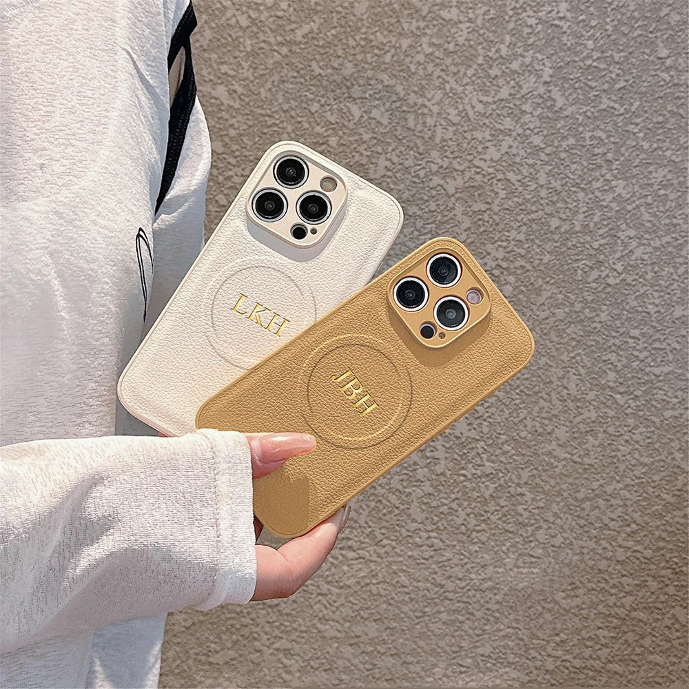 Personalized Case For iPhone 11 12 13 14 15 16 17 Pro Max Customized Initials Name Wireless Charging For Magsafe Leather Cover