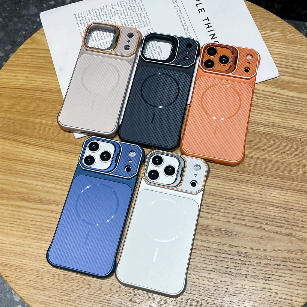 No Borders Lens Holder Phone Case For Magsafe For iPhone 13 14 15 16 17 Pro Max Carbon Fiber Texture PC Magnetic Phone Cover