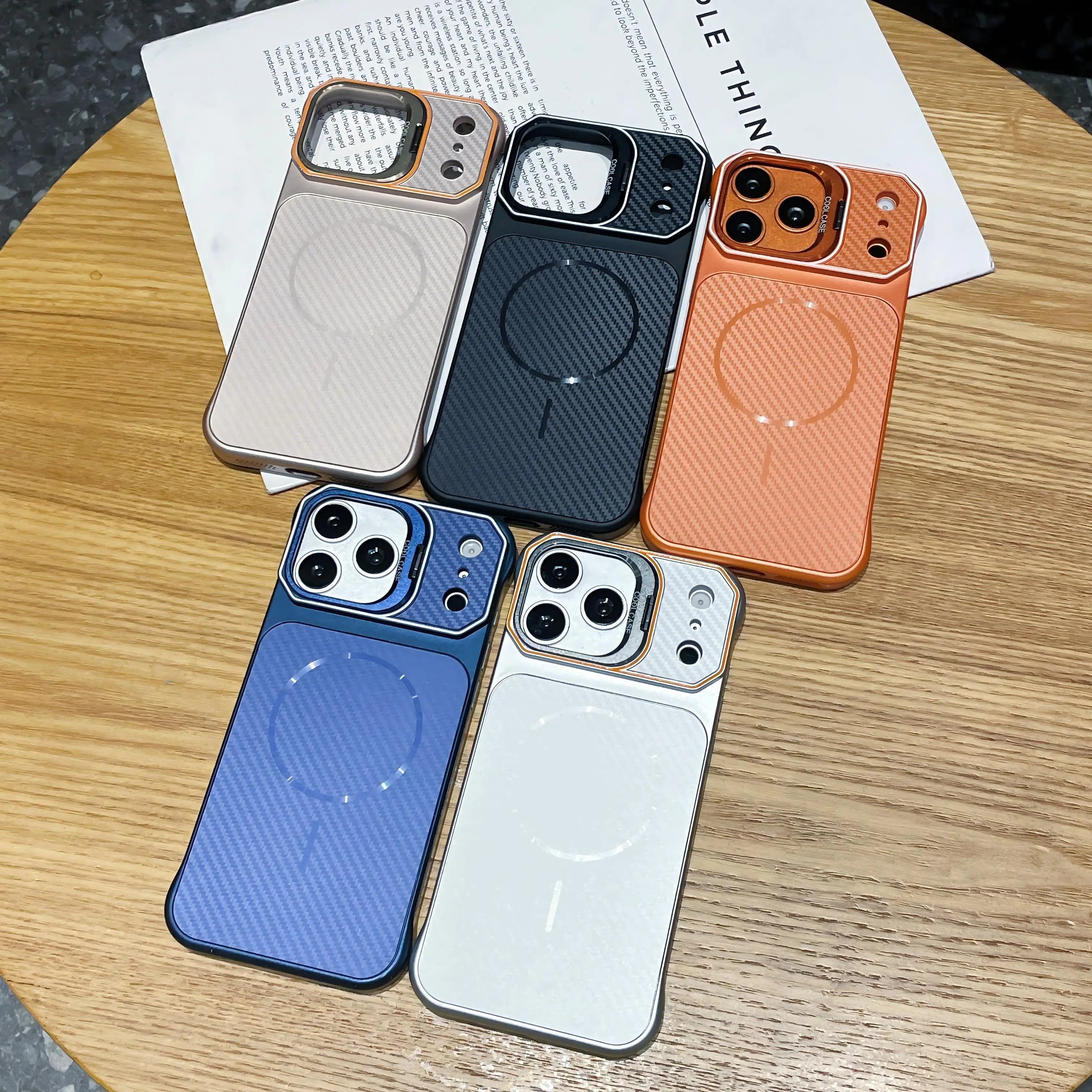 No Borders Lens Holder Phone Case For Magsafe For iPhone 13 14 15 16 17 Pro Max Carbon Fiber Texture PC Magnetic Phone Cover
