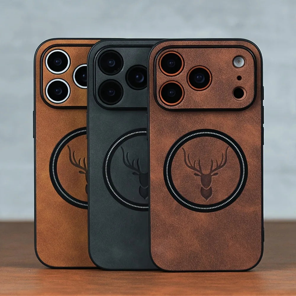 Magnetic Deer Head Pattern Leather Phone Case For iPhone 17 16 15 14 13 12 Pro Max Plus 17Pro Air For Magsafe Shockproof Cover