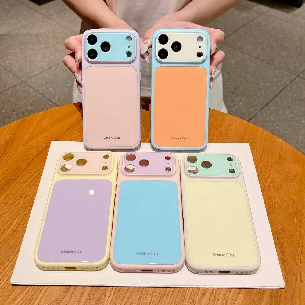 Q6 Candy Color Crystal Glass Lens Protect Phone Case For iPhone 17 16 15 14 Pro Max Contrasting Color Shockproof Back Cover