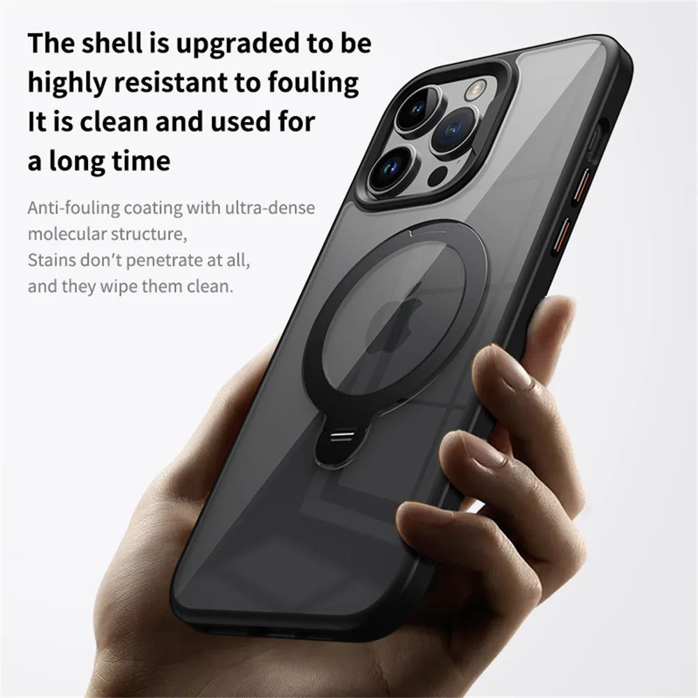 Rotating Folding Stand Clear Magnetic Phone Case For iPhone 12 13 14 15 16 17 Pro Max Swivel Holder TPU Bumper Acrylic Cover