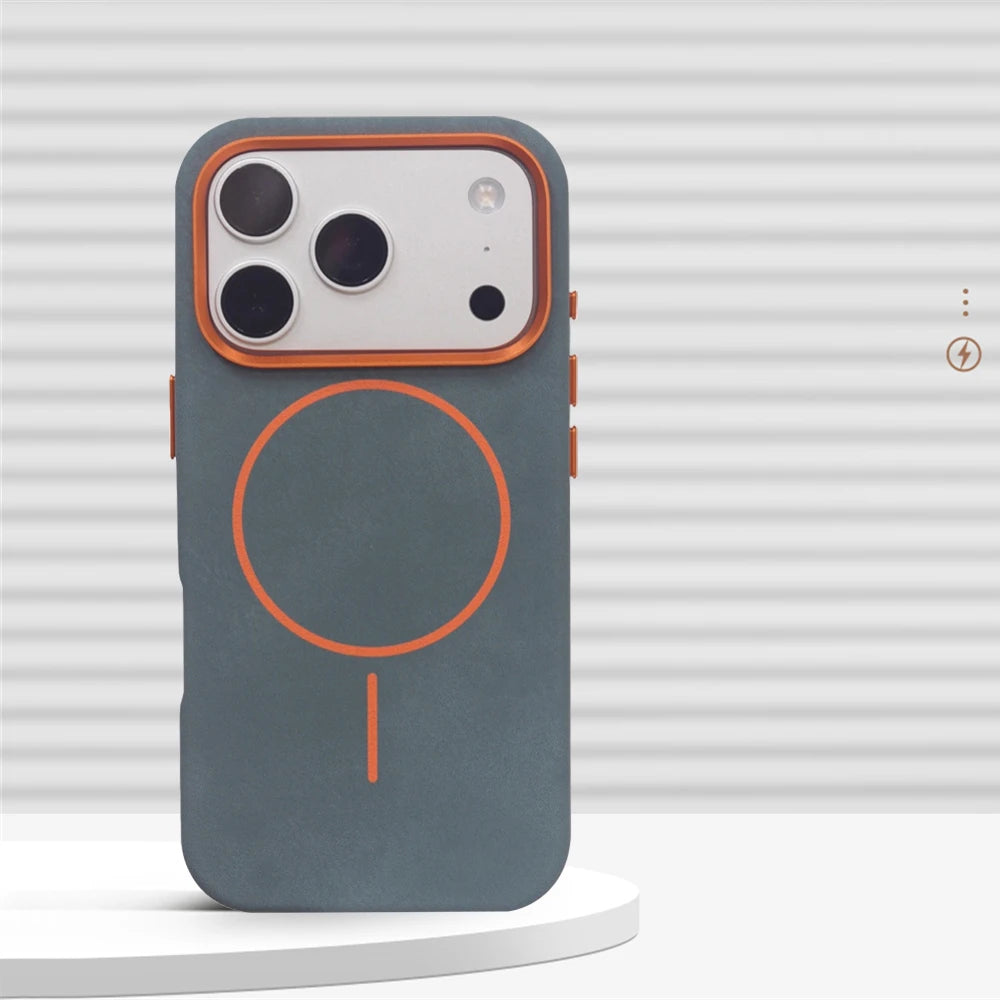 Luxury Magnetic Elephant Skin Texture PU Leather Case For iPhone 17 Pro Max Air 16 15 14 13 MagSafe Alloy Lens Shockproof Cover