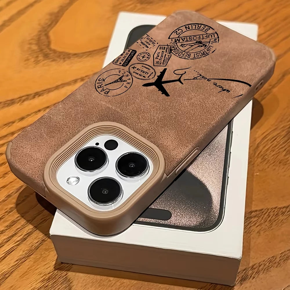 Airplane Stamp Faux Leather Phone Case For iPhone 17 16 15 14 13 12 11 Pro Max Plus X XR XS Air Shockproof Bumper Cases Cover