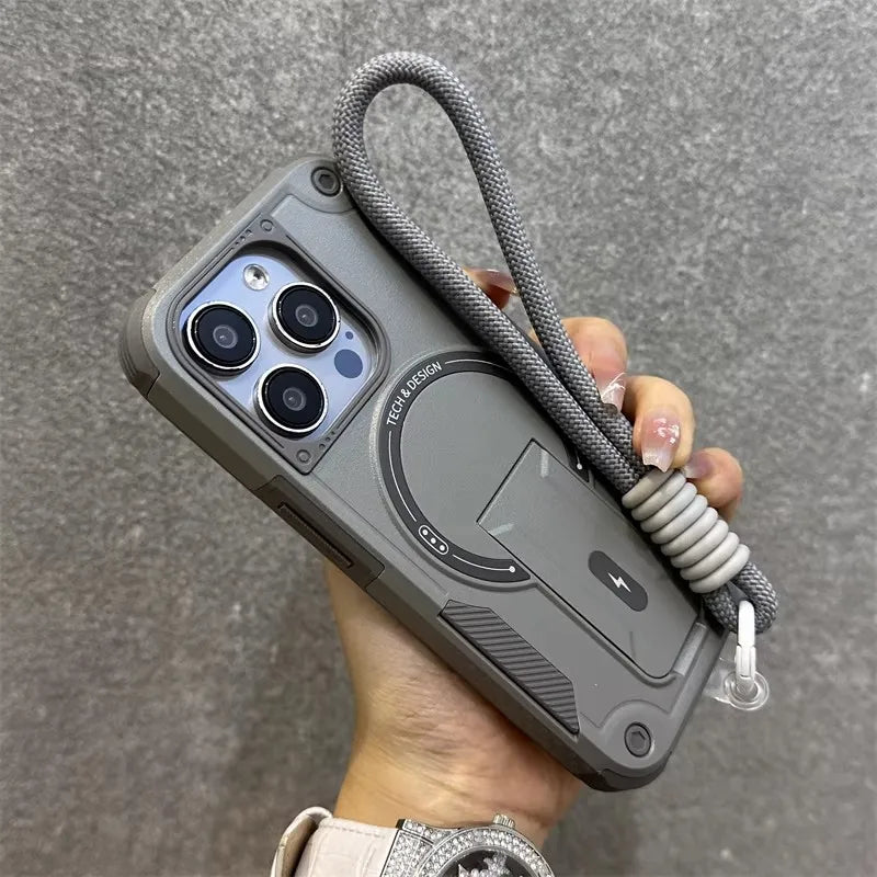 Fashion Stand Holder Anti-fall for Magsafe Phone Case for IPhone Air 17 16 13 12 Pro Max 15 14 Plus Wrist Strap Shockproof Cover