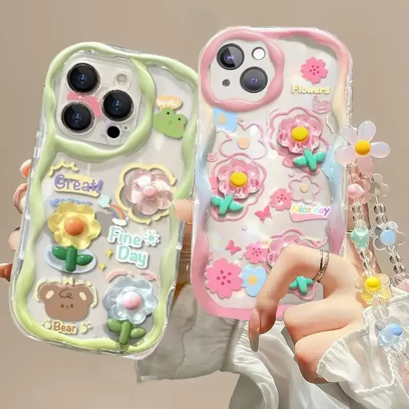 3D Pink Flower Phone Chain Clear Case for Samsung Galaxy S26 S25 Plus S23 S24 Ultra FE S25FE A57 A37 A17 A56 A16 A55 A54 A15 5G