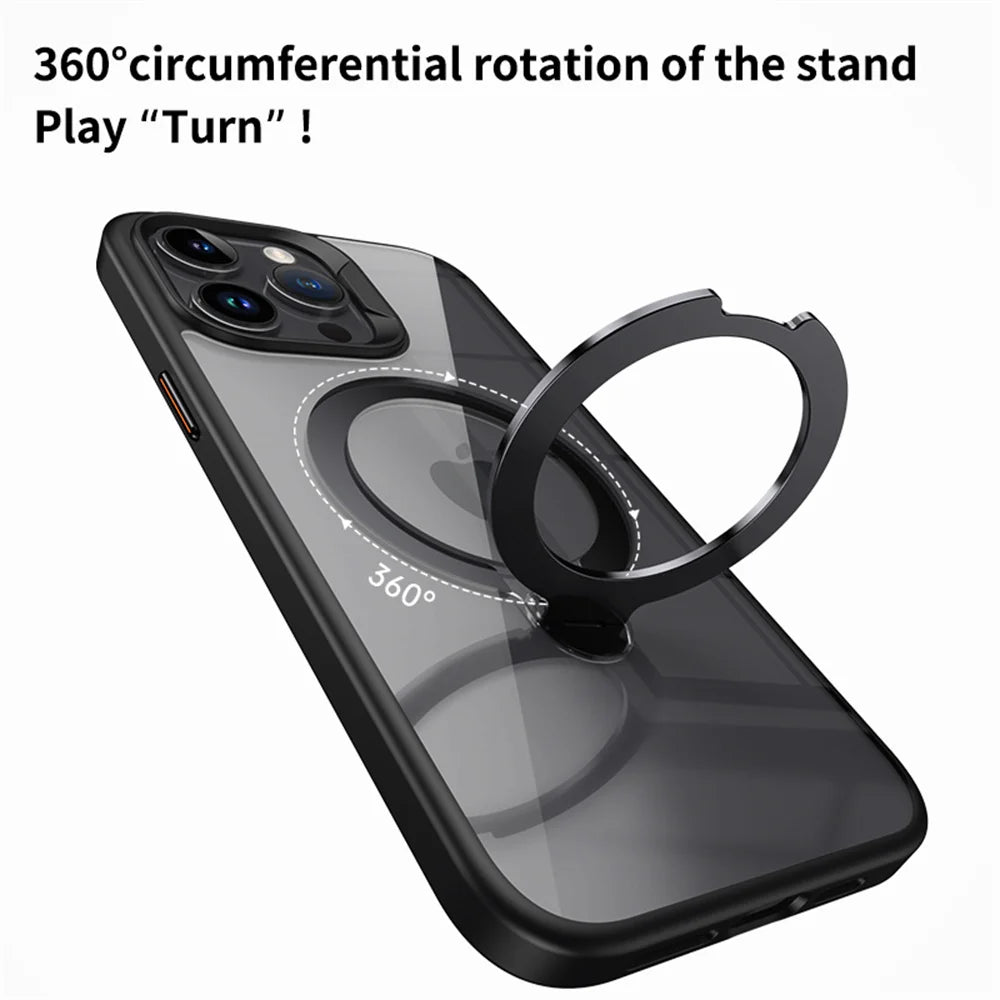 Rotating Folding Stand Clear Magnetic Phone Case For iPhone 12 13 14 15 16 17 Pro Max Swivel Holder TPU Bumper Acrylic Cover