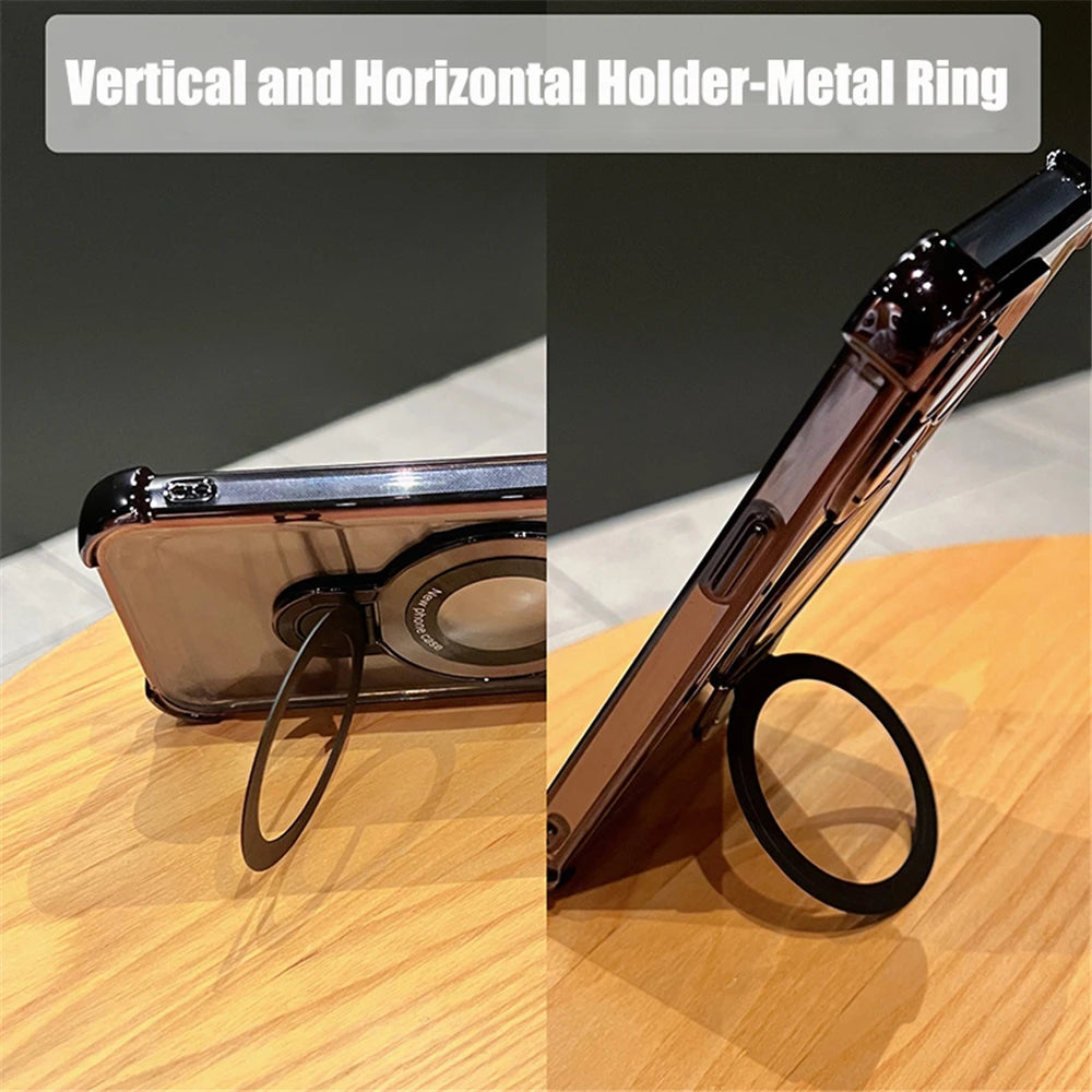 Luxury Plating Clear Magnetic Bracket For Magsafe Case For iPhone 16 15 14 13 12 11 Pro Max With Holder Stand Shockproof Cover