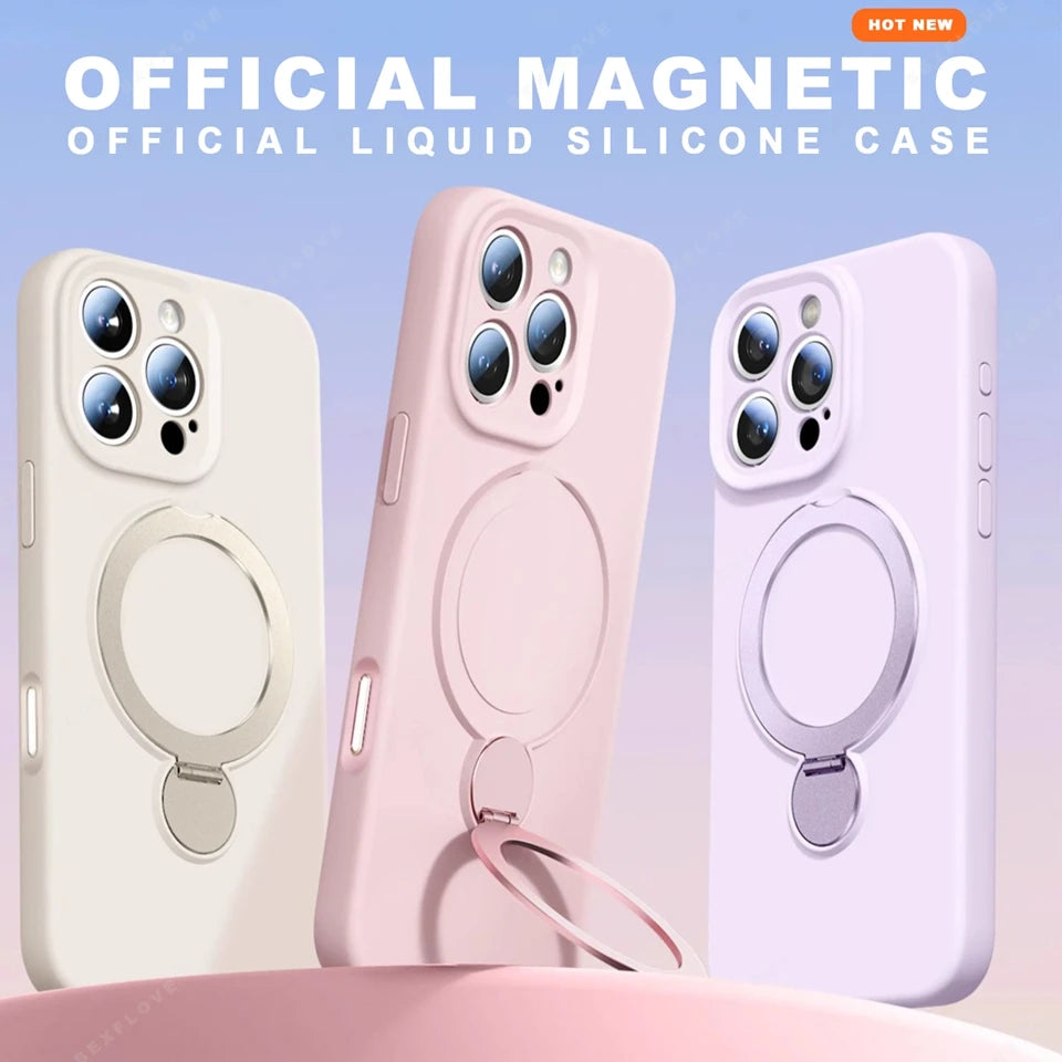 360 Magnetic Stand Liquid Silicone Phone Case For iPhone 17 Air 13 14 15 16 Pro Max Plus Magsafe Charge Holder Protector Cover