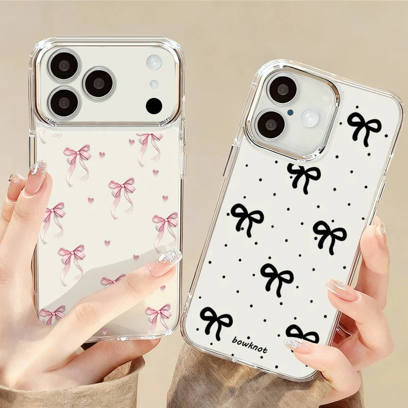 Cute Pink Bow Pattern Transparent Phone Case For iPhone 17 16 15 14 13 12 Pro Max 17 Pro Air 12 11 Plating Lens Frame Soft Cover