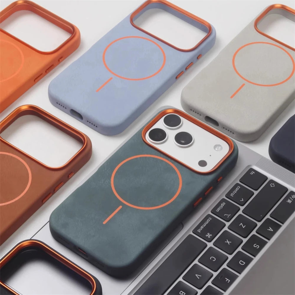 Luxury Magnetic Elephant Skin Texture PU Leather Case For iPhone 17 Pro Max Air 16 15 14 13 MagSafe Alloy Lens Shockproof Cover