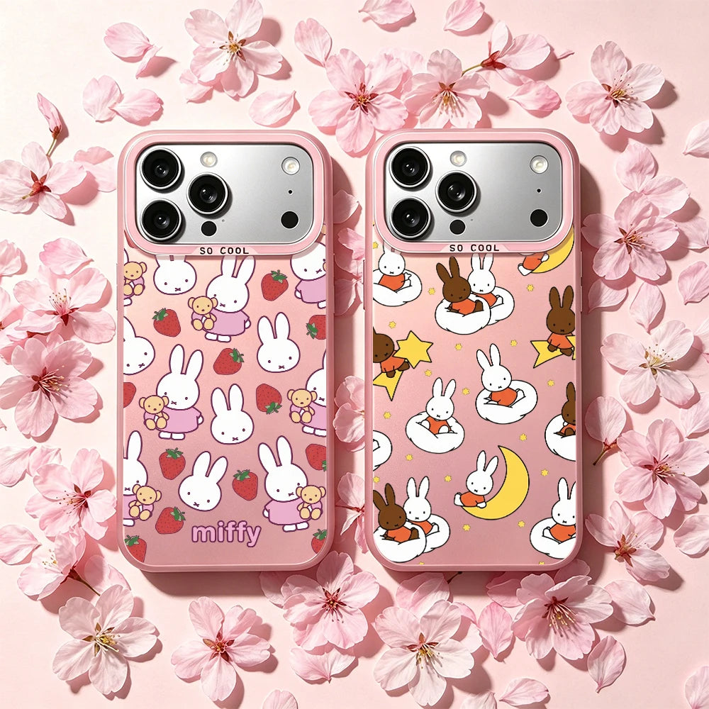 Cartoon Cute M-Miffy E Phone Case For iPhone 11 12 13 14 15 16 17 E Pro Max Plus Mini Electroplated Silver IMD Laser Pink Cover