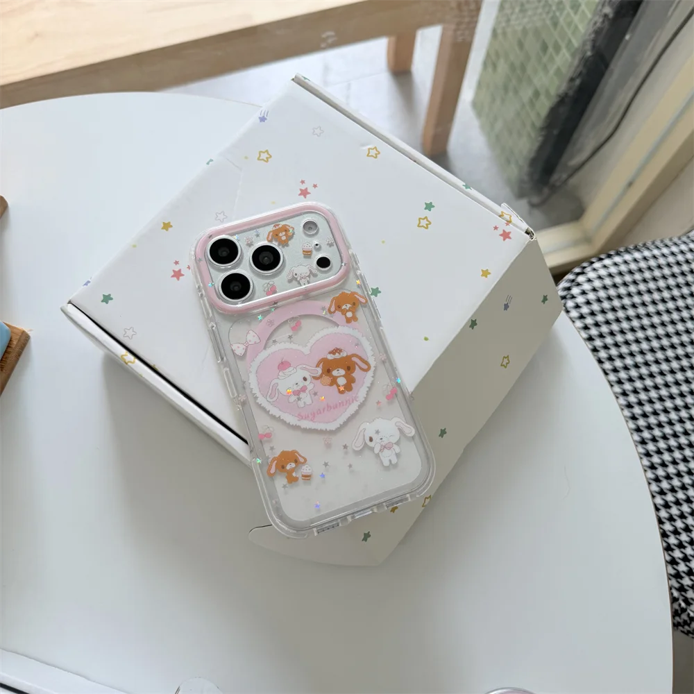 Korean Cherry Dessert Rabbit Magnetic Phone Case for iPhone 17 16 15 Pro 15 16 Pro Max Funda with Magsafe Shake Stand Cute Cover