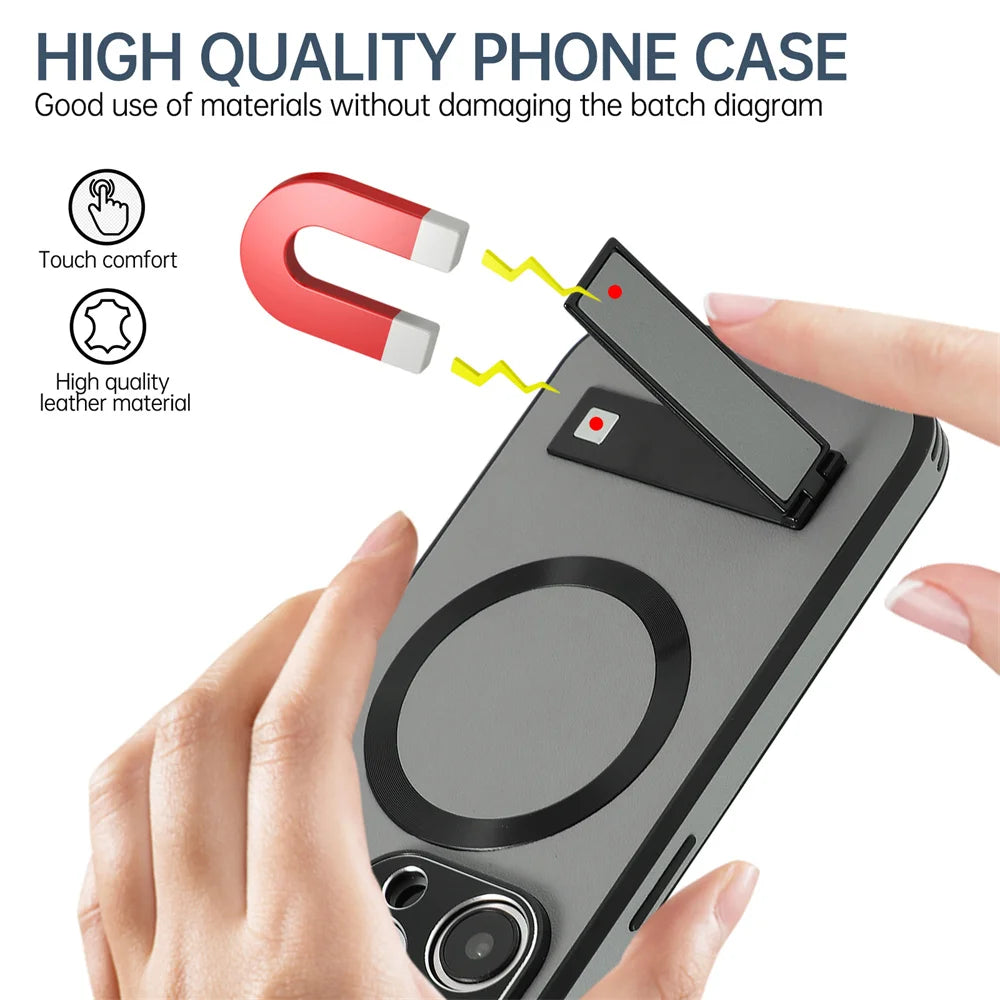 Luxury Magnetic Leather Stand Phone Case For iPhone 17 16 15 14 11 12 13 Pro Max Wireless Charging For Magsafe Shockproof Cover