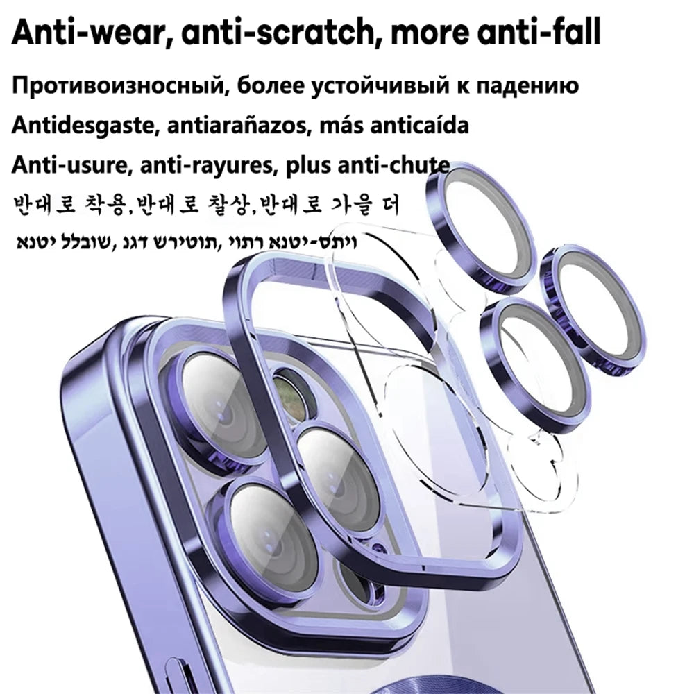 Luxury Wireless Magnetic Cover For Apple Original Magsafe Case Iphone 16 15 13 12 11 Pro Max 14 Plus Plating Clear Lens Protecto