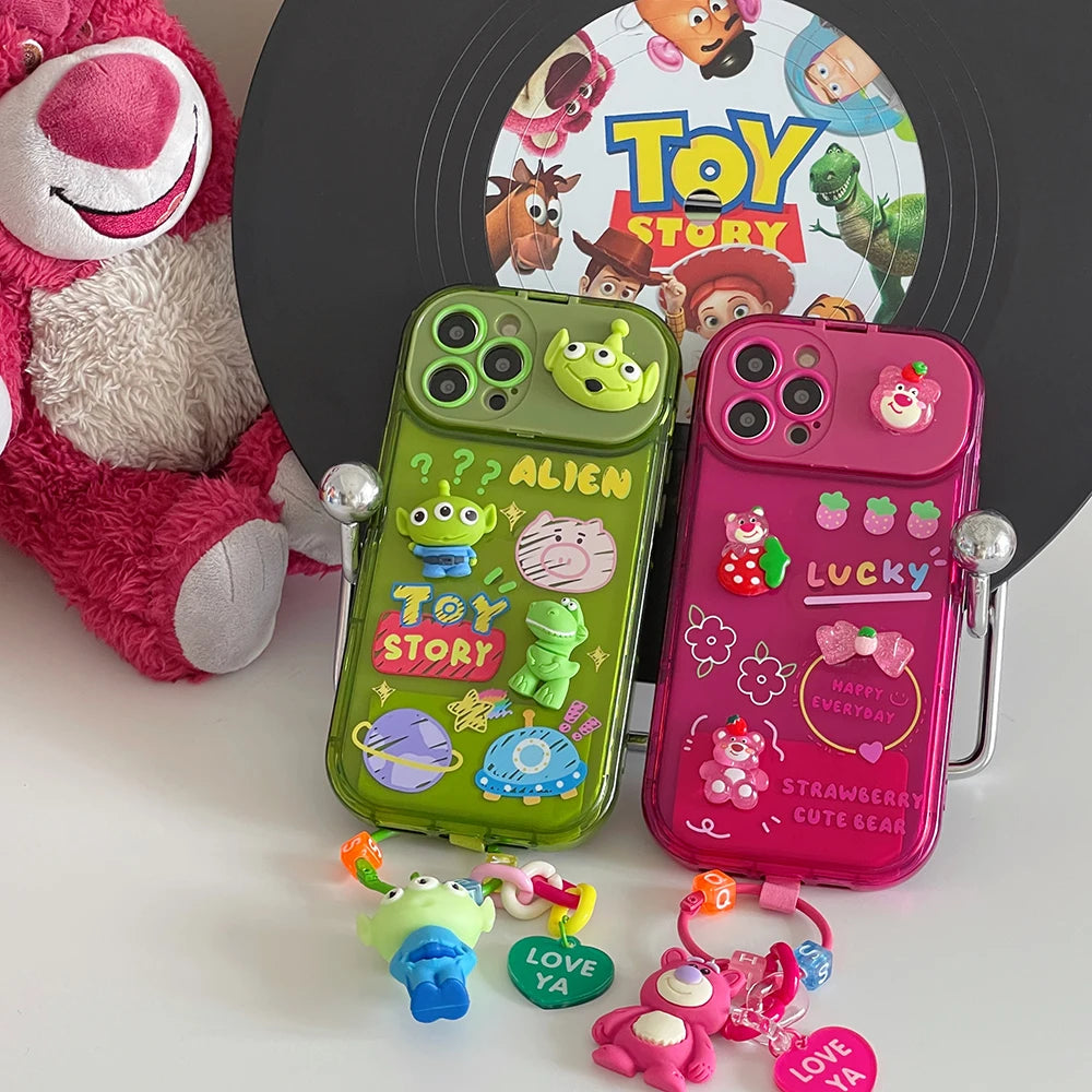 Cartoon 3D Doll Toy Story Alien Lotso Candy Color Mirror Stand Holder Phone Case For iPhone 7 8 11 12 13 14 15 16 17 Plus Pro