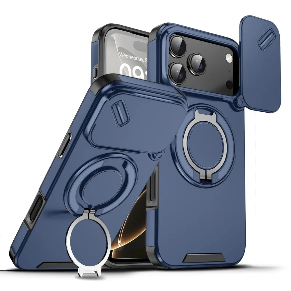 Sliding Camera Protection Magnetic Ring Holder Phone Case For iPhone 17 Pro 15 16 14 13 12 11 Pro Max Armor Shockproof Cover
