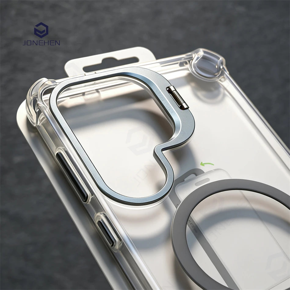 Luxury Transparent Case For Samsung Galaxy S25 Plus S24 S23 S26 Ultra Shockproof Frame Stand Armor Silicone Cover For Magsafe
