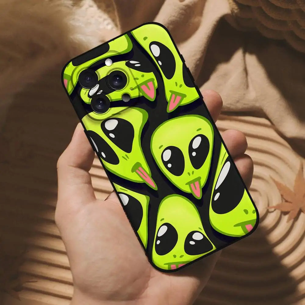 Cute Cartoom Alien Phone Case For IPhone 17 Pro 15 13 14 16 11 12 Pro Max 7 8 Plus XR XS X SE Matte Soft Funda Silicone Cover