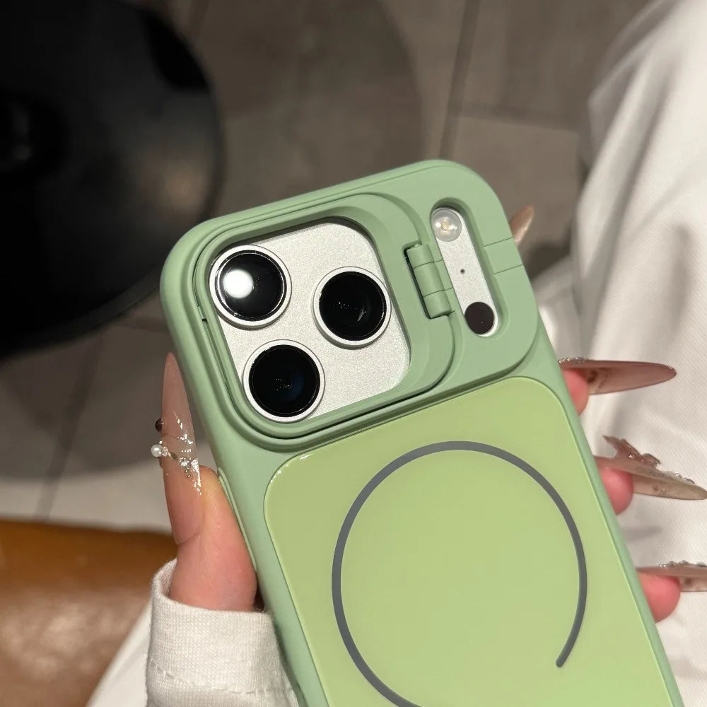 Luxury Glass Back Panel Camera Stand Holder For Magsafe Case For iPhone 17 Pro Max 11 12 14 13 15 16 Pro Shockproof Back Cover