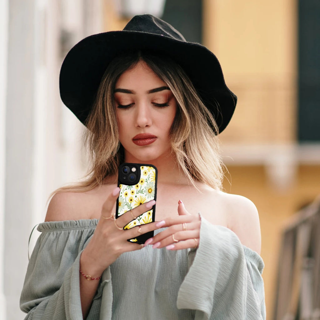 Floral Phone Case Black Yellow And White Daisy Pattern For Iphone X To Iphone 16 Pro Max Outdoor And Daily Use