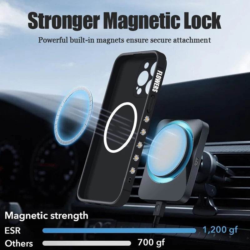 White Flowers Magnetic Case For iPhone 17e 17 16 15 14 13 12 Pro Max 11 16e For Magsafe Wireless Charge Soft Lanyard Phone Cover