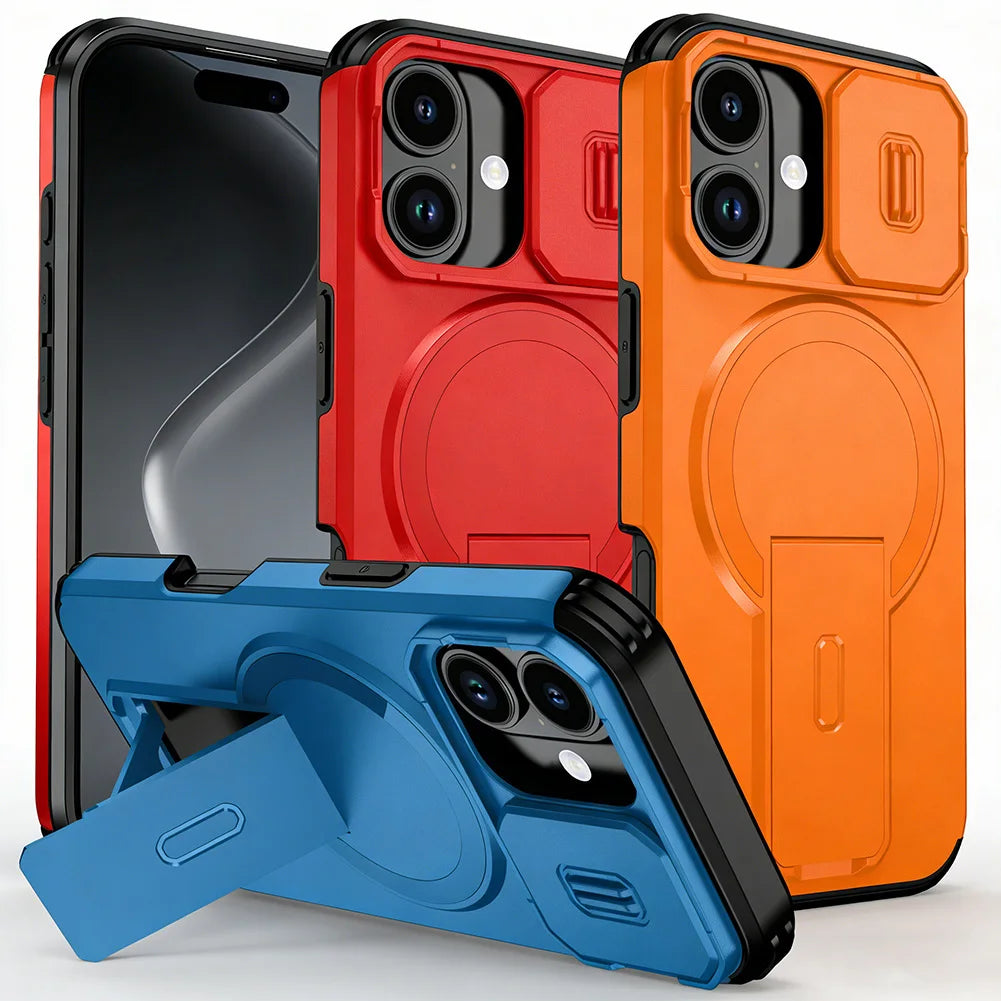 Magnetic Kickstand Heavy Duty Case For iPhone 17e 17 16e 16 Pro Max 15 + 14 13 12 11 pro Sliding Camera Lens Protector Cover